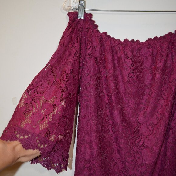 OURS Wine Red Lace Floral Open Shoulders Bohemian Style Silky Lining Blouse L - Picture 2 of 10